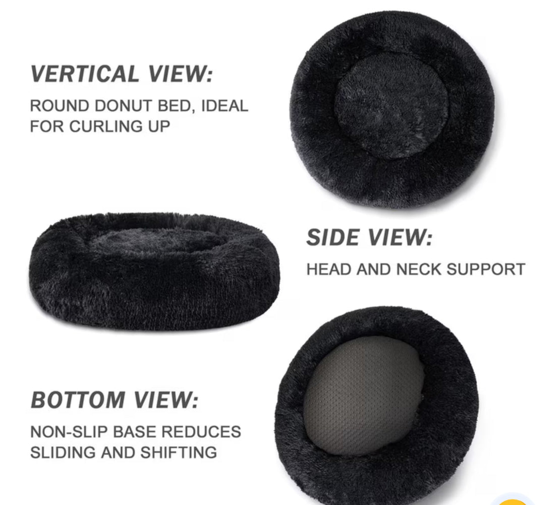 FurEver Finds Calming Donut Pet Bed for Dogs and Cats, Black