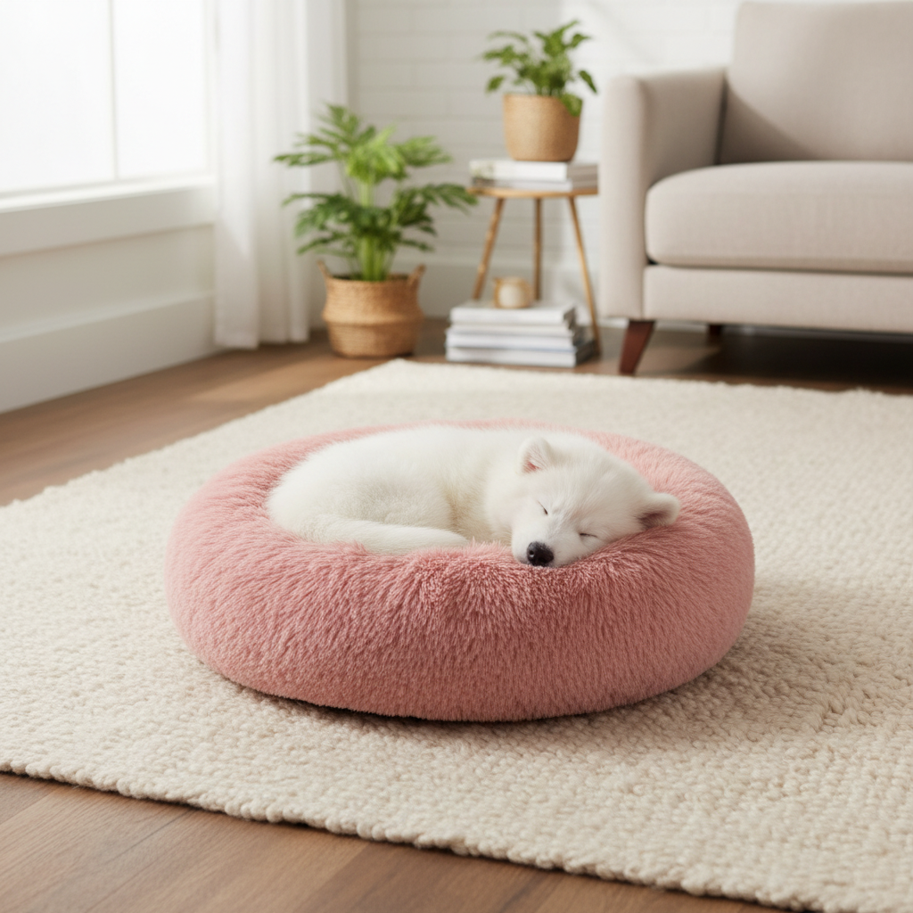 Pink plush donut pet bed with dog in cozy living room