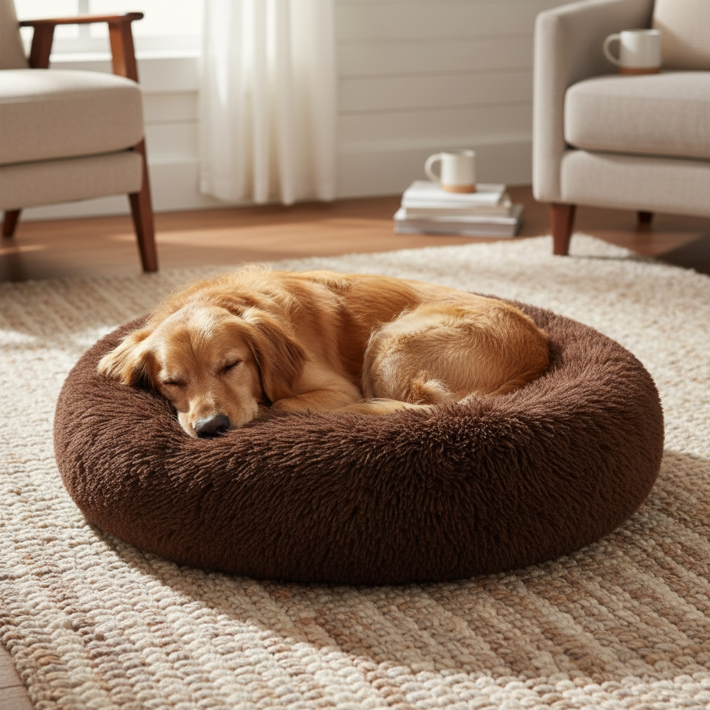 Brown plush donut pet bed with dog in cozy living room