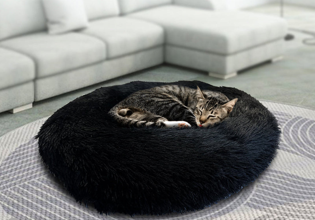 FurEver Finds Calming Donut Pet Bed for Dogs and Cats, Black