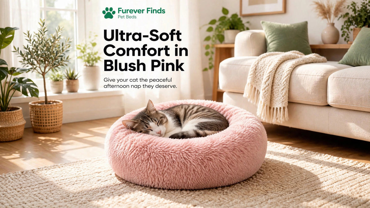 Cat curled in FurEver Finds blush pink calming donut bed