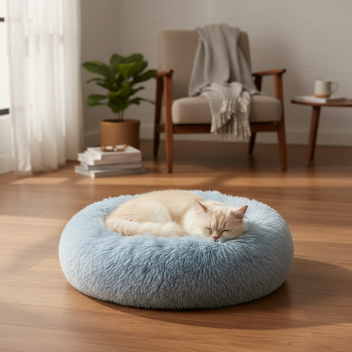 Light blue plush donut pet bed with cat in cozy living room