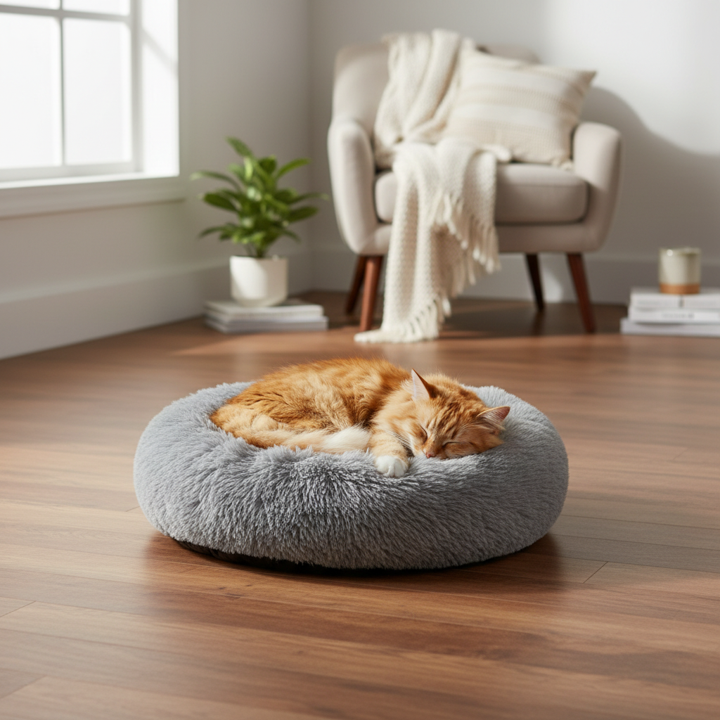 Gray plush donut pet bed with cat in cozy living room