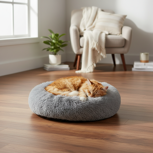 Gray plush donut pet bed with cat in cozy living room