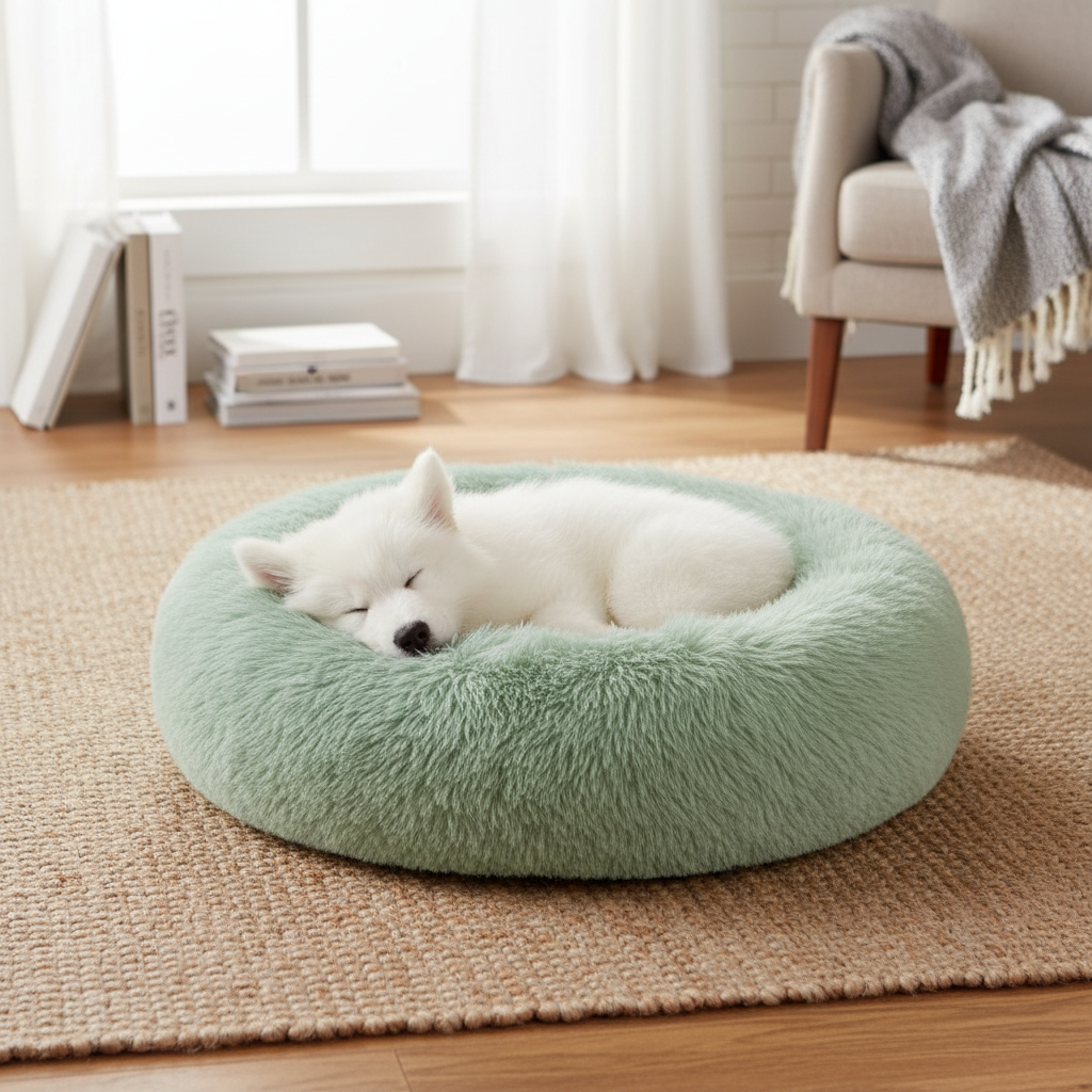Mint green plush donut pet bed with dog in cozy living room
